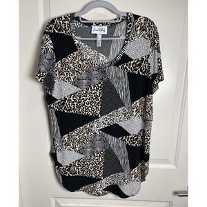 Joseph Ribkoff Womens Animal Print Patchwork Short Sleeve Top Sz 14 Chic Stylish